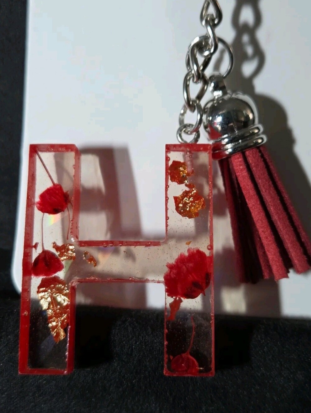 Red Floral Resin Letter 'H' Key & Card Holder with Tassel
